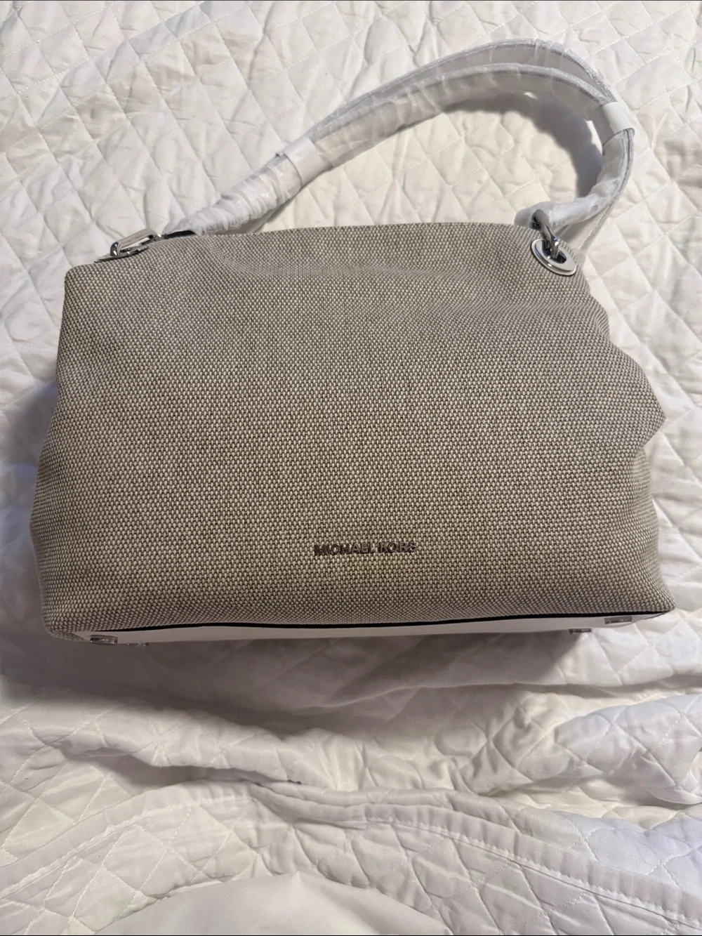 Michael Kors Beige Canvas Shoulder Tote with Silver Grommets